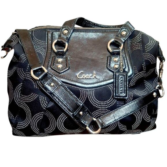 Coach Ashley Op Art Black Satchel Patent Leather Trim Purse – Removable Strap De - Picture 2 of 9